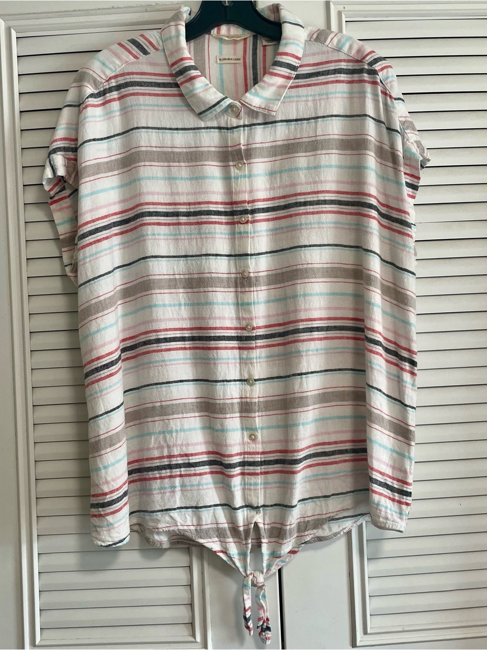 Linen Blend Weatherproof Women's Striped Button-Down Shirt in White, Coral & Tea